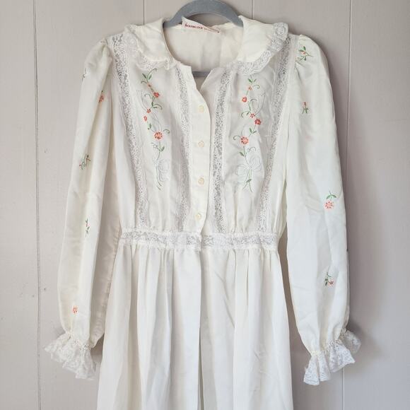 Vintage 60s Prairie Dress Gown Open Robe Lace Floral Silky Odette Barsa - Picture 1 of 16